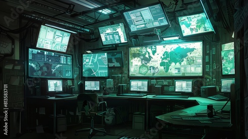 Cyberpunk of a hackers hideout  surrounded by multiple screens and digital maps in a dimly lit room