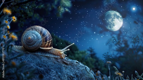 A serene night scene showcasing a snail on the ground, with the vibrant full moon illuminating the sky, dotted with stars