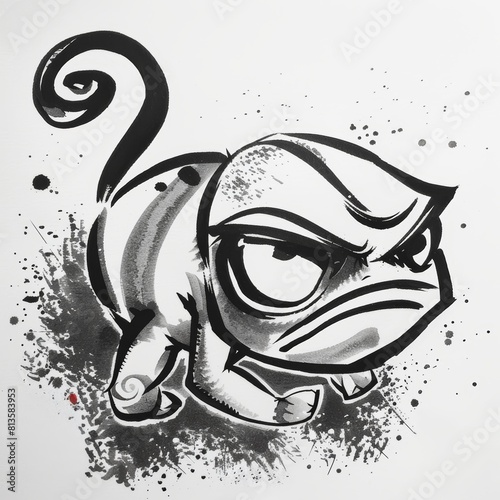 Charming Chameleon Angry and Cute Ink Drawing in Black and White photo