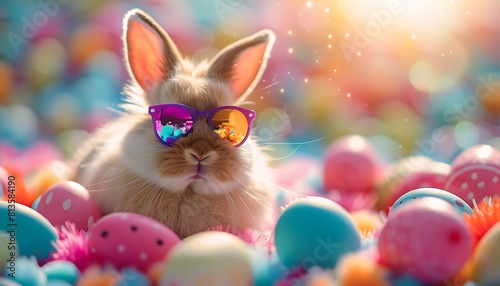 Cute little rabbit with sunglasses and easter eggs on nature background photo