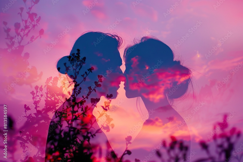 a couple kissing under a pink sky, with one person's long hair visible in the foreground a couple kissing under a pink sky, with one person's long hair visible in the foreground