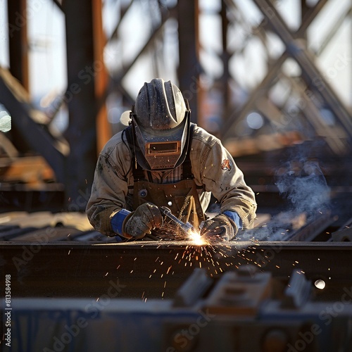 Enter the realm of craftsmanship as a construction worker expertly wields a welding torch to join metal parts together © Archibalttttt