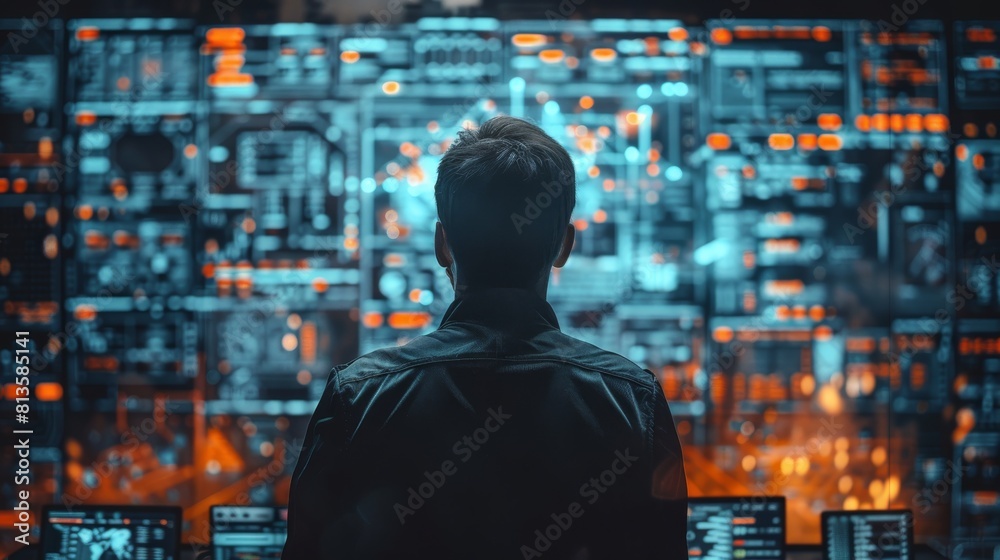A cyber security featuring a guard in an IT environment. Generative AI. A cyber security featuring a guard in an IT environment. Generative AI.