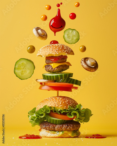 Floating burger ingredients with ketchup splash on yellow background. Deconstructed cheeseburger with layers floating mid-air, including fresh vegetables and a splash of ketchup. 