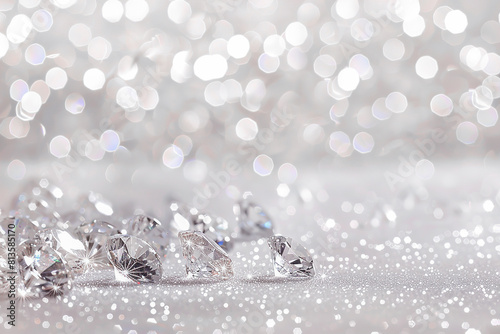 Sparkling diamonds on glittery silver bokeh background