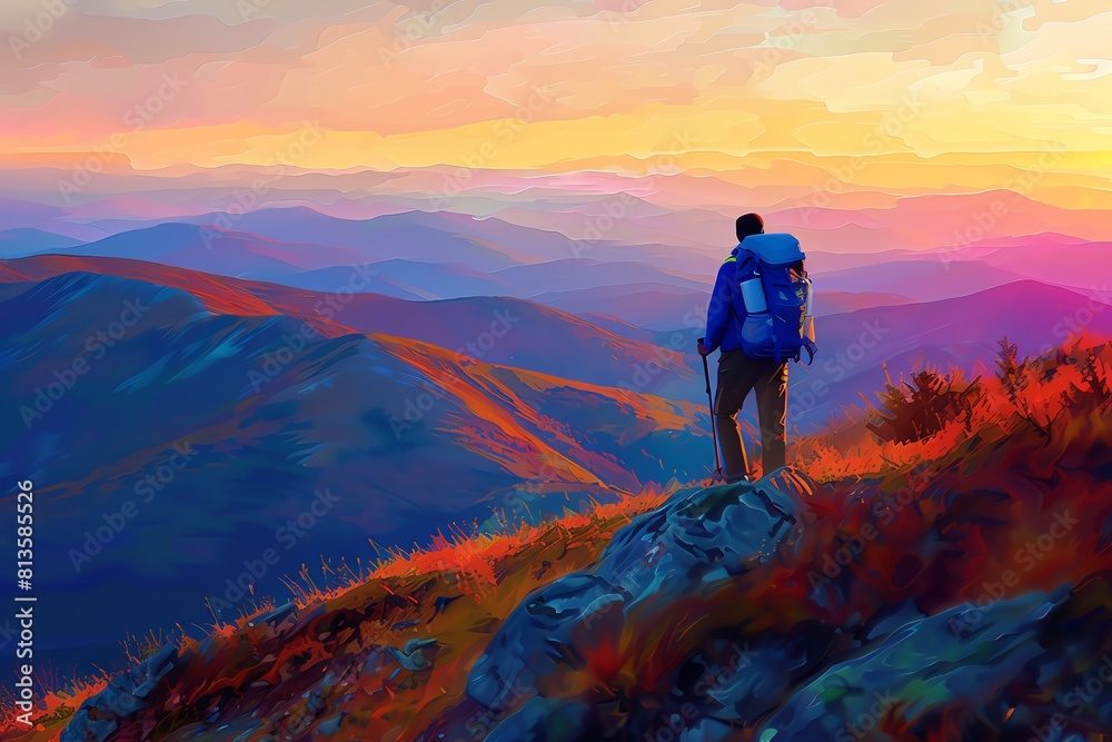 Man with backpack hiking in the mountains at sunset. 3d rendering