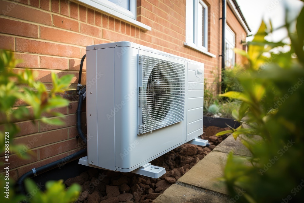 Air source heat pump installed in residential building. Air source heat pump installed in residential building.
