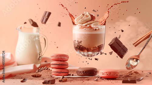 Dynamic splash of a glass of hot chocolate surrounded by macaron cookies and scattered flying chocolate chips. The essence of a chocolate lover's dream. 