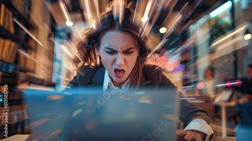 Stressed businesswoman with headache working late on laptop in office