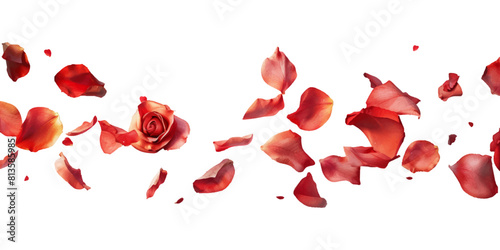 Red rose petals flying in the air on white background