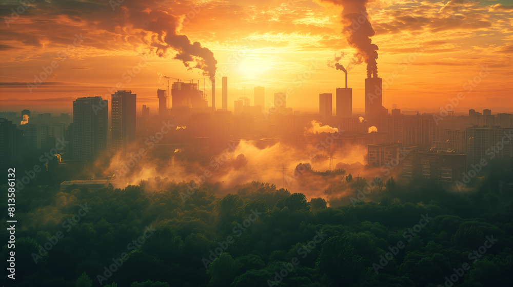 Cityscape at sunset, with a skyline dominated by tall buildings and industrial smokestacks emitting smoke into the sky. The need for sustainable practices and cleaner energy solutions.