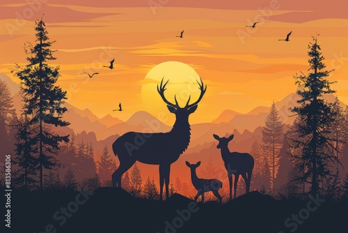 Illustration of a silhouette of a deer family in the forest at sunset