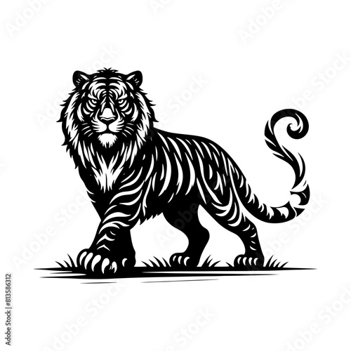 Jungle Sovereign: Vector Tiger Silhouette, Embodiment of Power and Majesty- Minimalist Tiger Vector- Tiger Illustration.