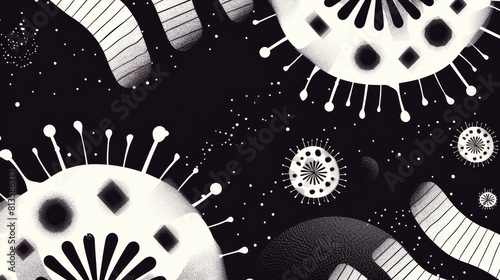 Detailed viral mutation flat design top view genetic variation theme cartoon drawing black and white