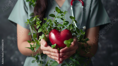 Healthcare professional holding a red heart-shaped object surrounded by lush green plants. Holistic health, wellness, natural medicine and healthcare concept.