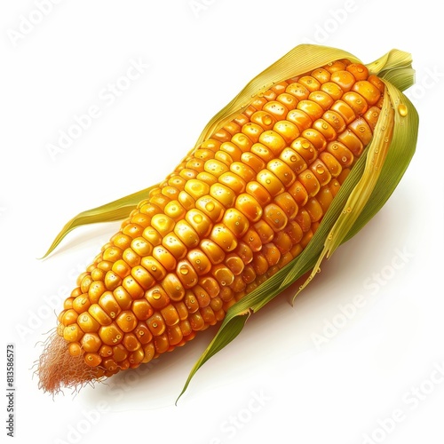 A golden ear of corn with glistening kernels isolated on a white background showcases the freshness and vibrancy of this summer staple photo