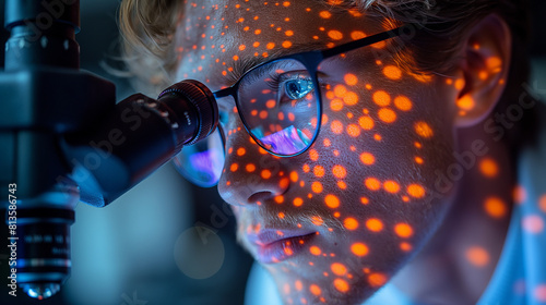 A dramatic photograph capturing the moment of discovery as a scientist peers through the eyepiece of a microscope, their eyes widening in awe at the intricate patterns and microsco