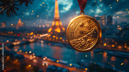 Golden triumph: winning a medal in Paris. Gold medal hanging against the background of a beautifully lit Eiffel Tower and the Paris skyline at dusk. Sport, achievement and motivation concept.