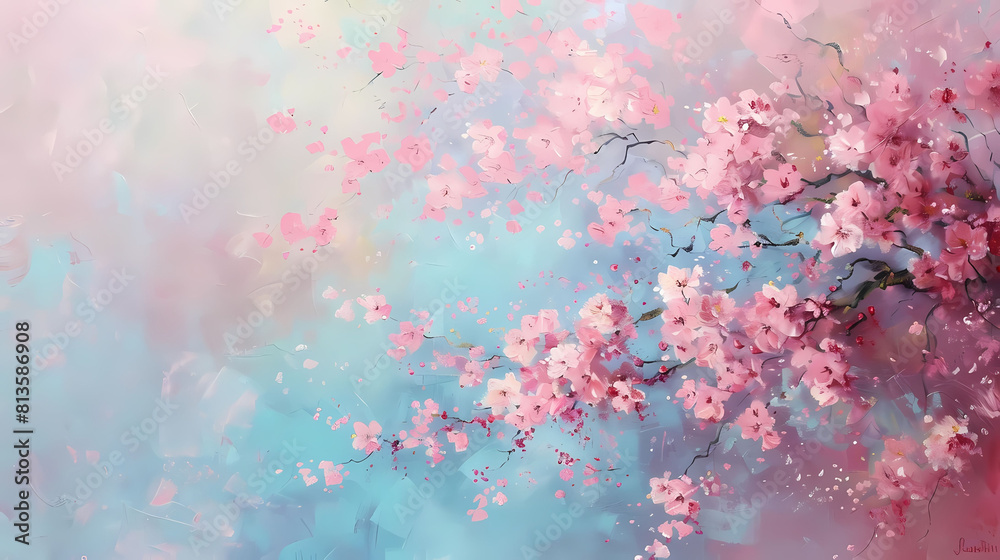 abstract blossoming sakura tree with pink flowers on a blue background