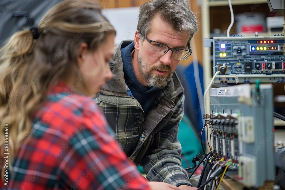 Technical trainers educating students on electrical systems Technical trainers educating students on electrical systems