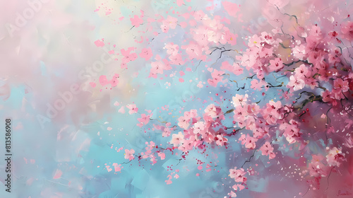 abstract blossoming sakura tree with pink flowers on a blue background