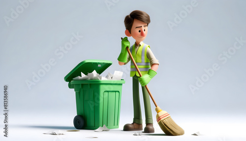 Unique 3D Animated Character: Sanitation Worker with Lime Green Vest and Broom, 3D Animated Sanitation Worker Characters with Lime Green Vests