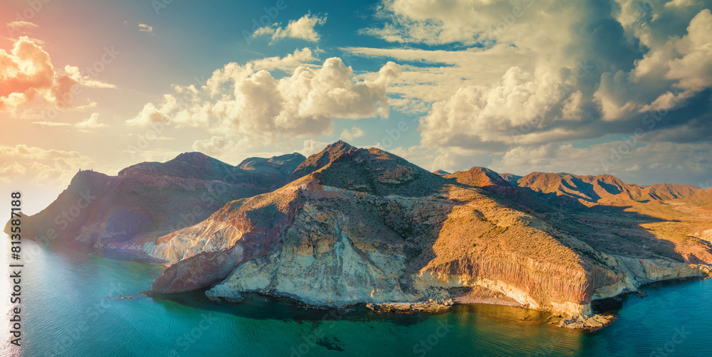 Naklejka premium Rock in the sea Aerial view. Natural Park of Cabo de Gata Nijar. Almeria, Andalucia, Spain