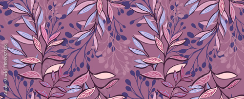 Artistic abstract shapes branches plants with leaves seamless pattern. Vector hand drawn illustration. Creative unique jungle plants printing. Template for design, textile, fabric