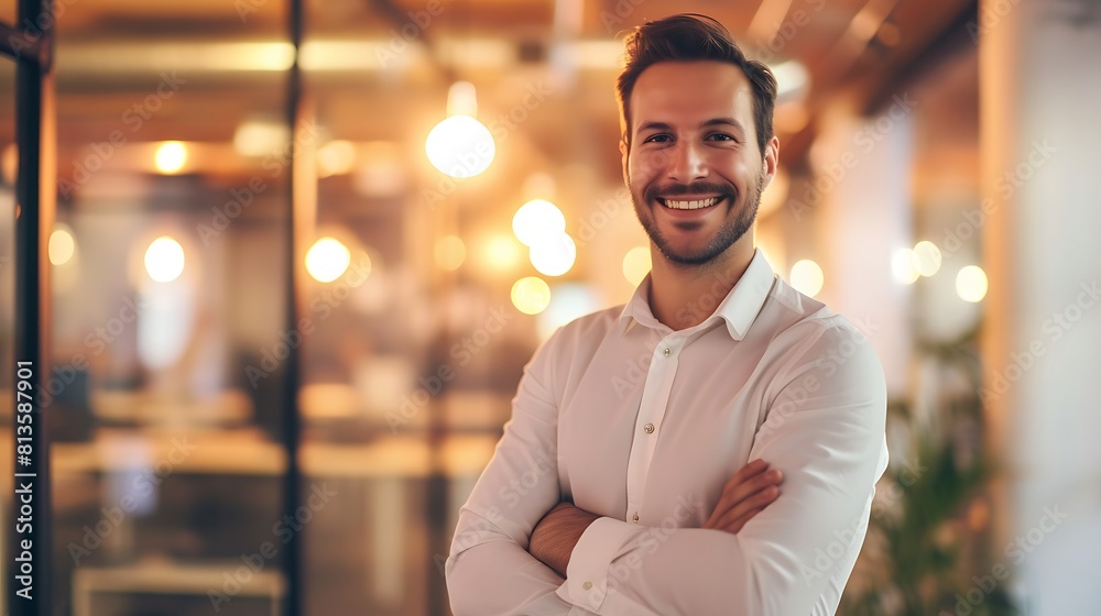 Fototapeta premium Smiling CEO at Networking Event in Blurred Social, Smiling CEO, networking event, blurred social.
