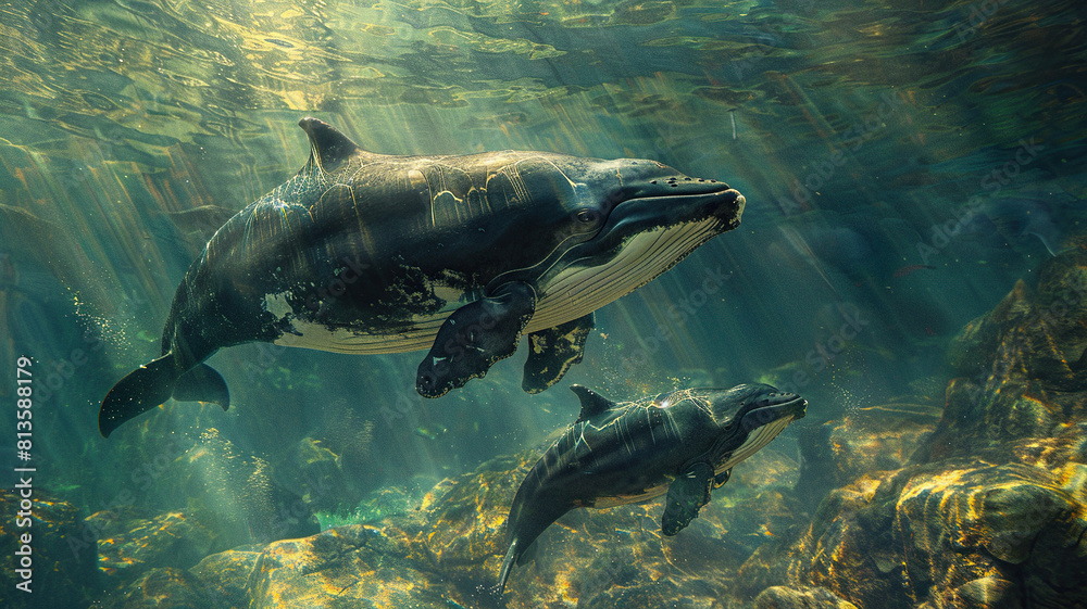 Fototapeta premium An adult whale and a newborn calf underwater. Generated by artificial intelligence