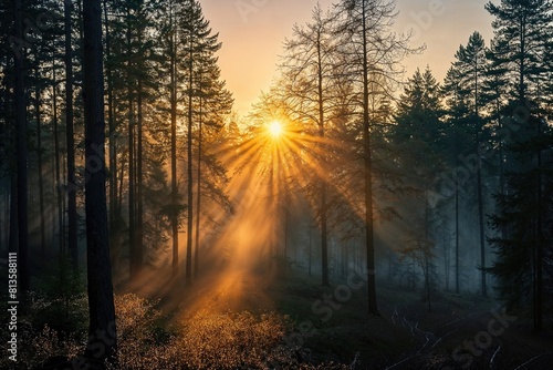 Dramatic Woodland Scene with shafts of light coming through the Trees. Beautiful Sunrise Nature Background.