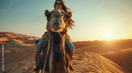 Traveler Riding Camel Across Desert Dunes  Traveler  riding camel  desert dunes  portrait shot