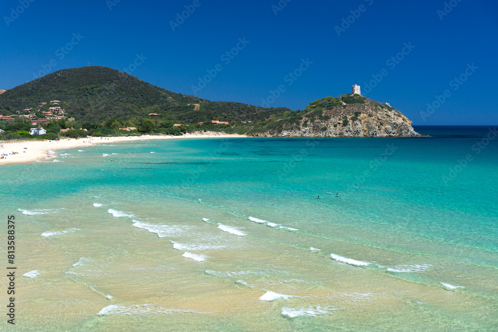 Fototapeta premium Sa Colonia bay, with crystal clear water and white sand, Chia, Domus de Maria, Sardinia