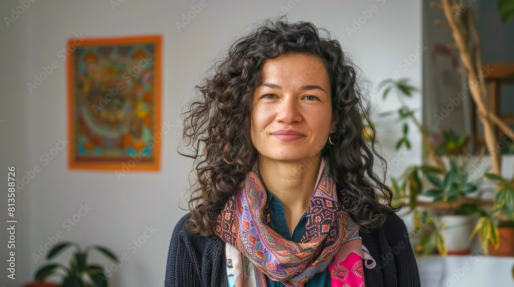 Radiant woman with curly hair smiling indoors Radiant woman with curly hair smiling indoors