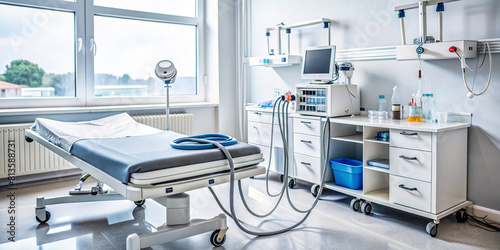 Modern Hospital Room with Stethoscope, ECG Machine, and Surgical Tools