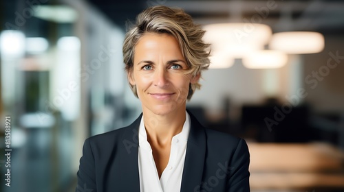 Female Executive Portrait in Blurred Office Background, Executive, portrait, blurred office