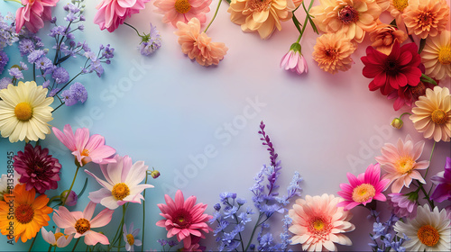 Vibrant summer floral decorations surround a blank space, perfect for adding photos or congratulatory messages, solid color backgrounds, romantic wedding invitations, floral styles, and a warm atmosph