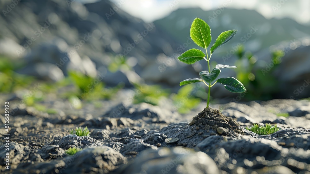Fresh sprout in 3D, its green vitality juxtaposed with rough soil Fresh sprout in 3D, its green vitality juxtaposed with rough soil