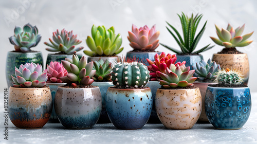 Collection Set of Different Mixed Cactus and Succulents,
A collection of cacti and succulents adorned with immortelle flowers perfect for home decoration photo