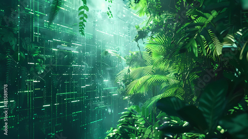 abstract cybernetic jungle wallpaper featuring lush green foliage and a towering tree