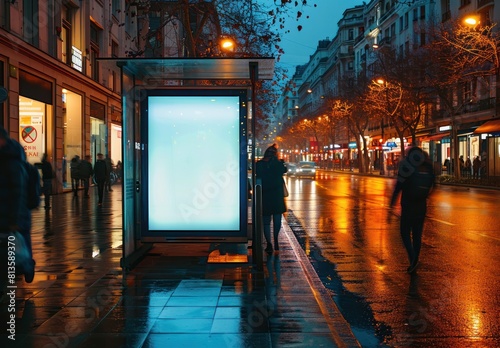 A city street at night with a large white billboard on a bus stop