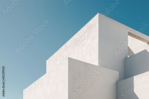 Photo of minimalistic geometric architectural building structure with white color and blue sky. Image of modern house with white color in square design with blue clear sky. Modern home concept. AIG42.