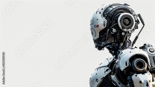 Humanoid futuristic robot with white background .