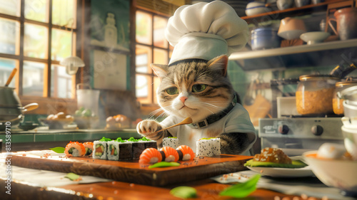 Cat in sushi chef role , Fantasy animal theme .