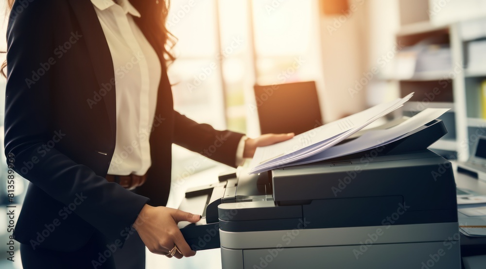 Business woman using a copy machine or printer to print documents in the office, close-up
Business woman using a copy machine or printer to print documents in the office, close-up