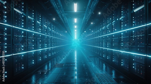 A high-tech data center, with rows of glowing servers and Efficient Data Backup Techniques.