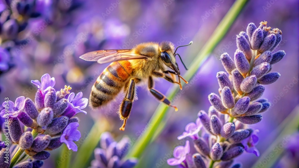 A bee collects pollen on lavender flowers, close-up. A bee collects pollen on lavender flowers, close-up.