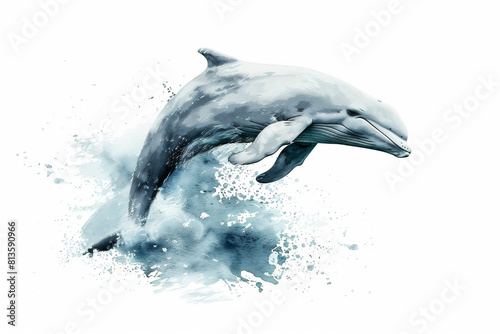 Generative AI watercolor illustration of a beluga whale jumping out of the water in the ocean o a white background.