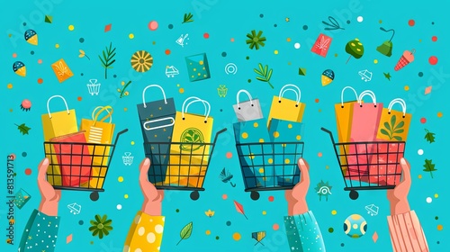 Colorful Shopping Carts Filled With Gift Bags and Confetti on Teal Background photo