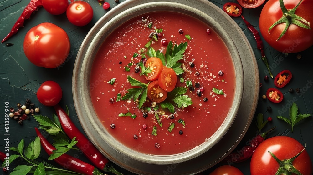 A soup chili and tomatoes. The soup is light pink in color and contains no solids. surround with tomatoes and chili peppers on background. top view. Generative AI. A soup chili and tomatoes. The soup is light pink in color and contains no solids. surround with tomatoes and chili peppers on background. top view. Generative AI.